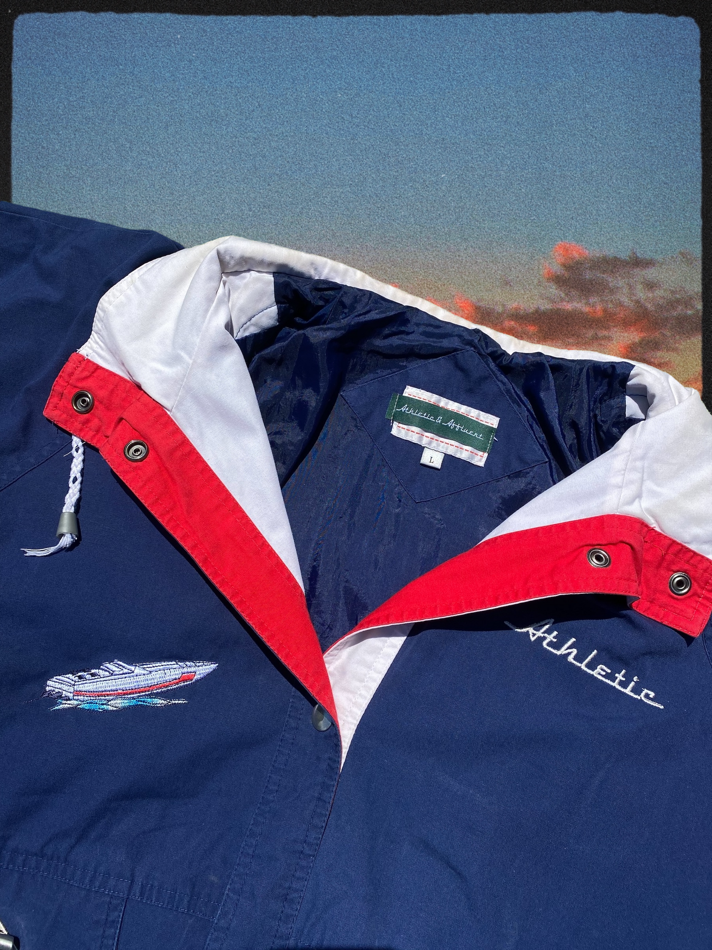 AA Blue and Red Cigarette Boat Jacket Mens Medium